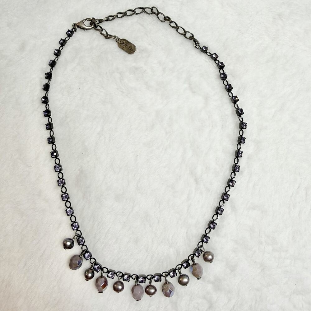 Clara Beau Purple Crystal Pearl Necklace Dangle 12-16” Vintage